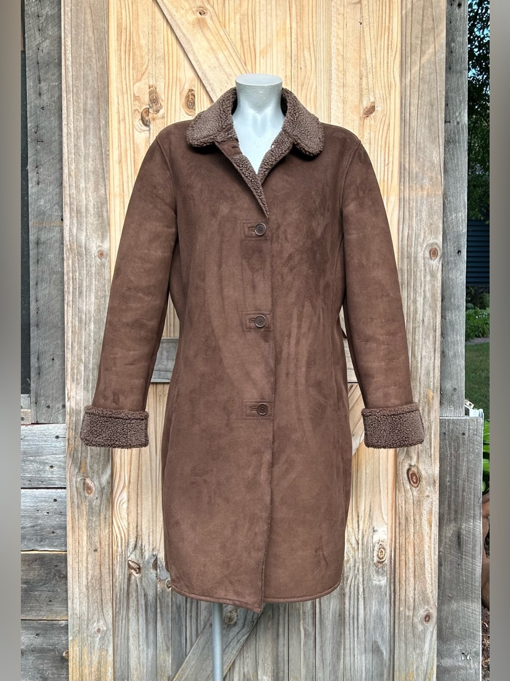 Lands End Womens Rustic Boho Brown Faux Suede Sherpa Shearling Coat~M~